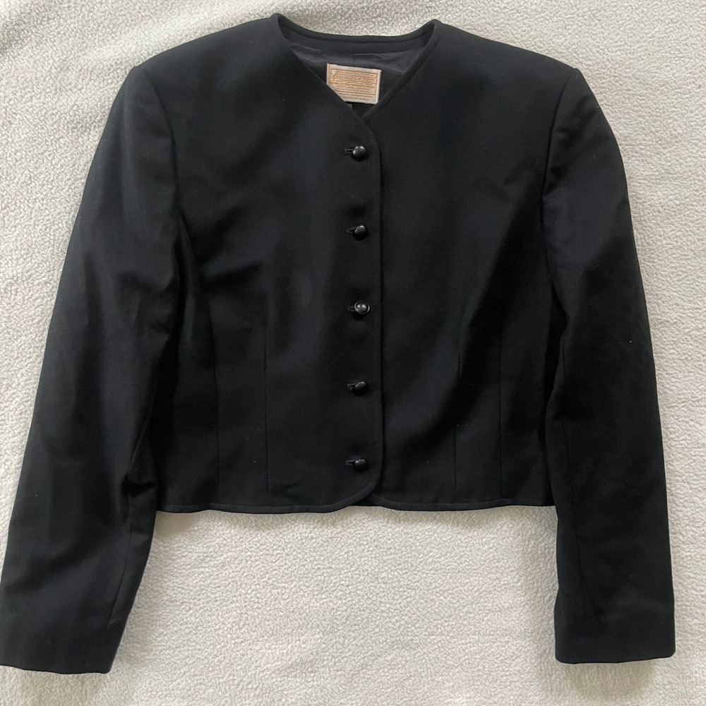 Vintage Pendleton Wool Blazer Womens Med 8 Black Cropped Collarless No Tag Stain